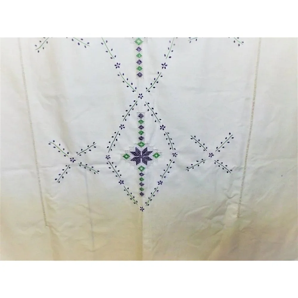 Vintage Embroidered 52 X 68 Beige Linen Tablecloth Purple and Green Design